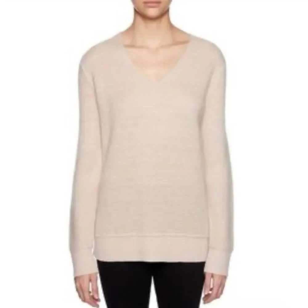 Magaschoni Beige Mohair Wool Blend V Neck Knit Sweater Soft Neutral Minimalist